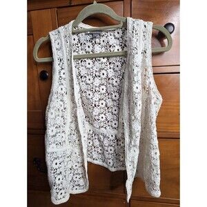 J Jill Crochet Lace Vest Medium Petite Cream Open Front Boho Cottagecore